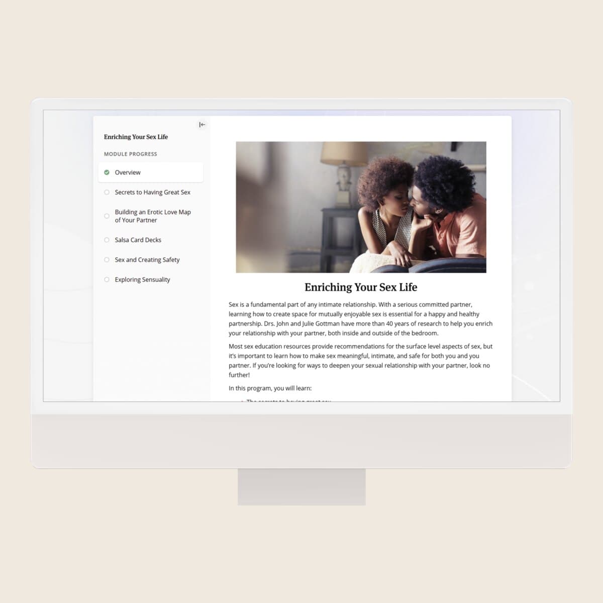 The Gottman Relationship Coach program open on a desktop screen, showing its module list.
