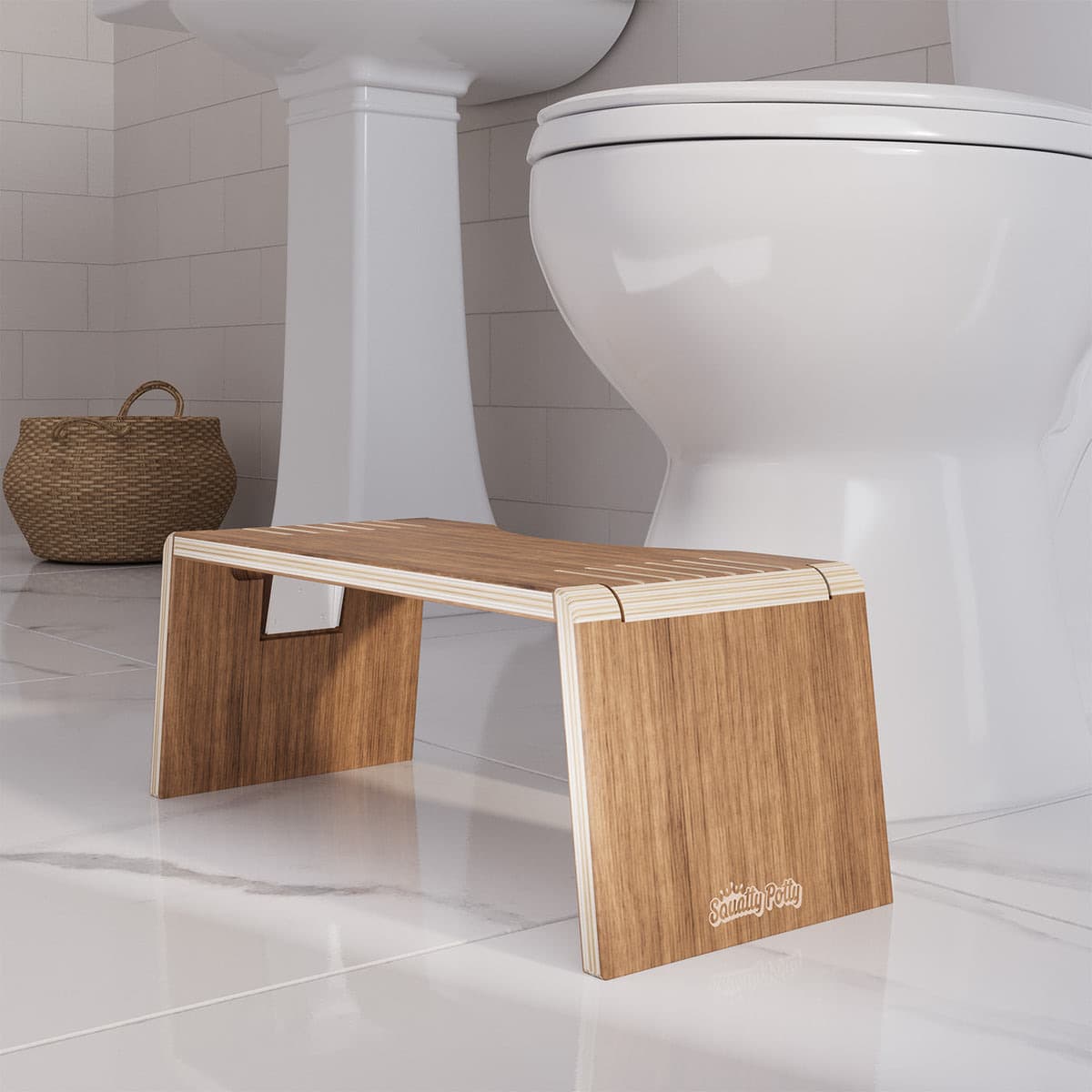 A slim teak folding stool standing in front of a white toilet on a pale marble bathroom floor.